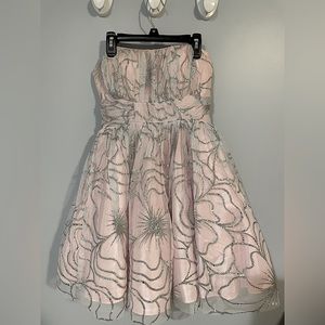 Light pink strapless short dress with sparkly flower overlay